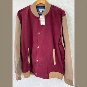 NWT, Men's Dark Scarlet and Tan Colorblocked Bomber Jacket